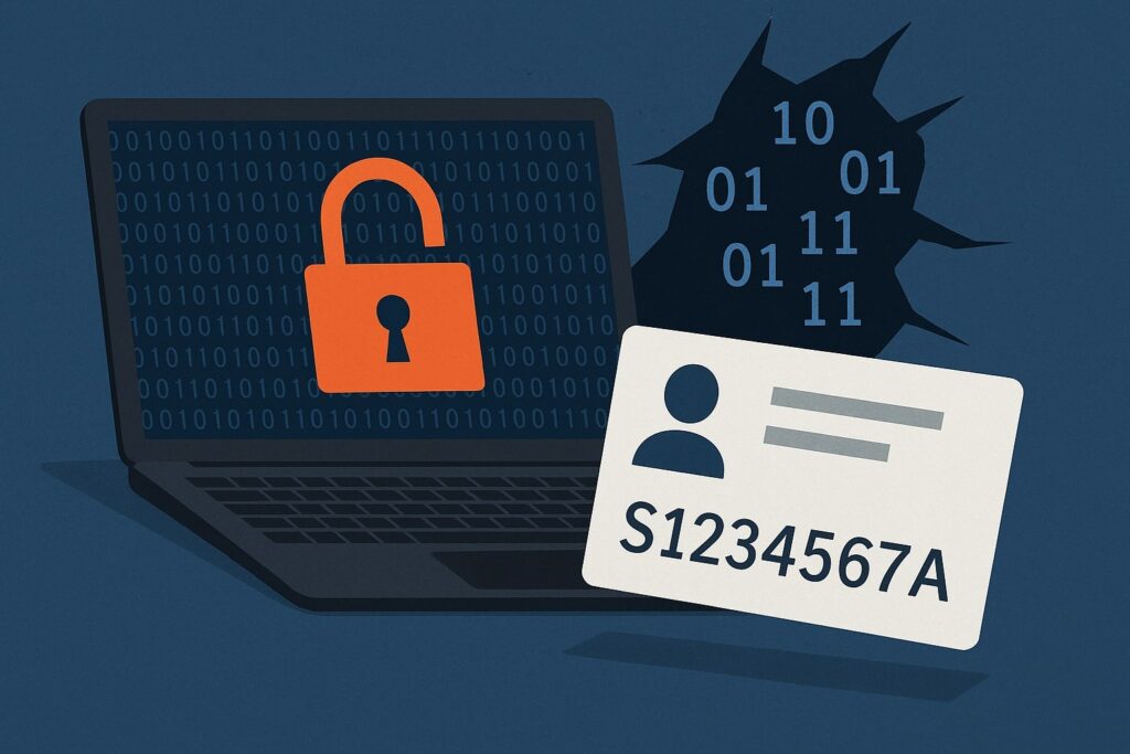 Illustration of a laptop with an open padlock on the screen, an ID card displaying an NRIC-style number, and binary code suggesting a data breach—symbolizing the ACRA NRIC data disclosure incident in Singapore.